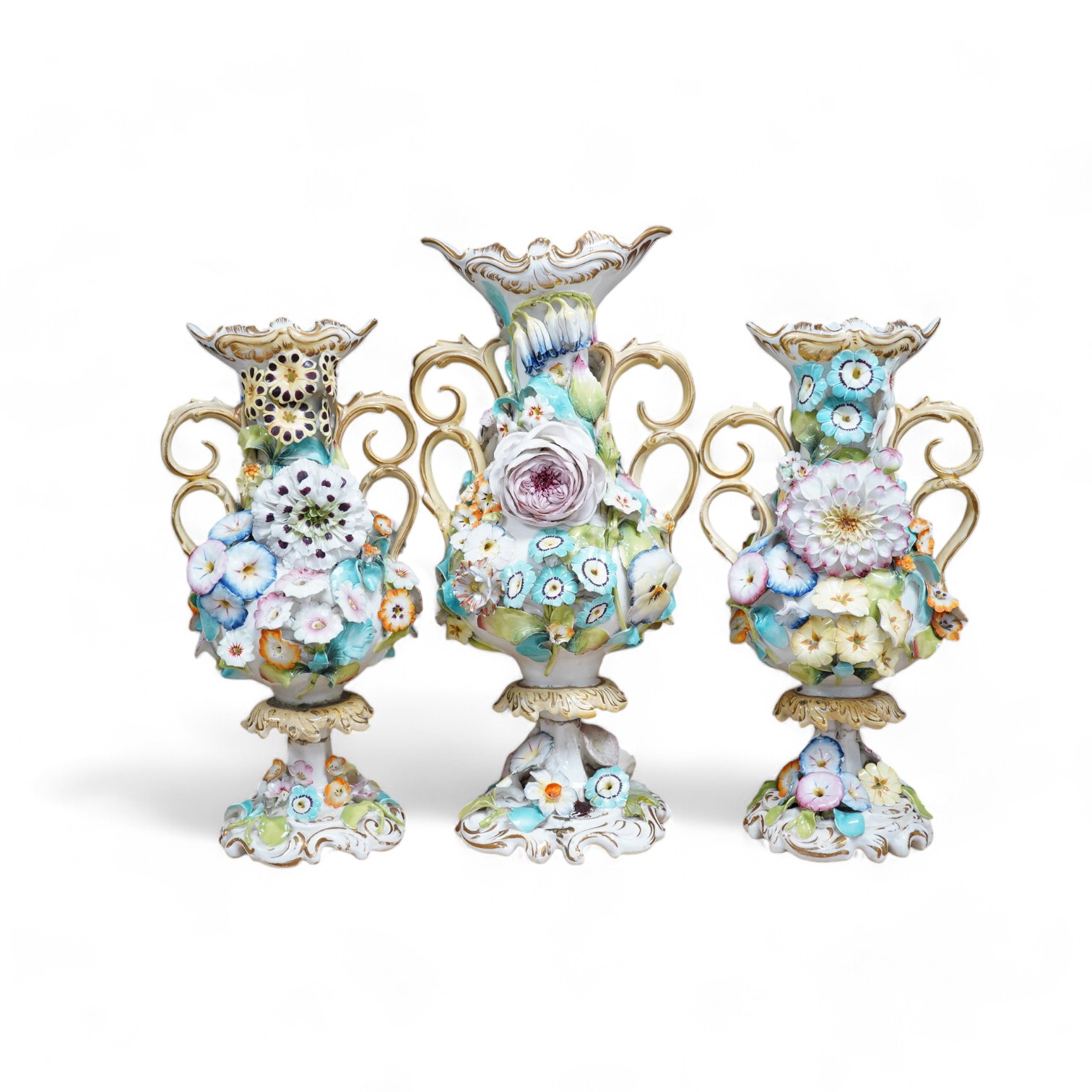 A Coalport garniture vase set with applied flowers, tallest 31cm. Condition - restored